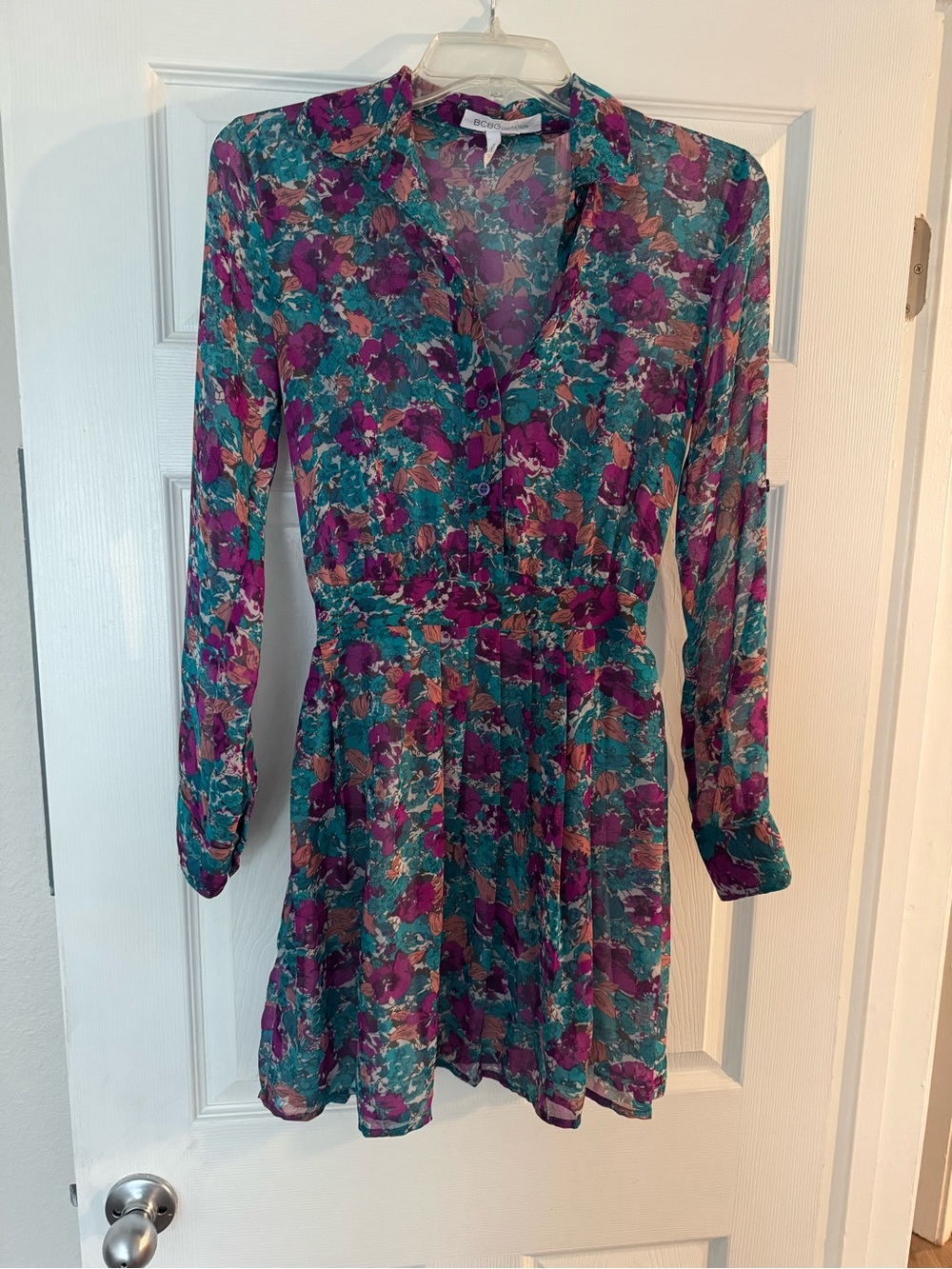 BCBGeneration Teal & Purple Floral Long Sleeve Mini Dress